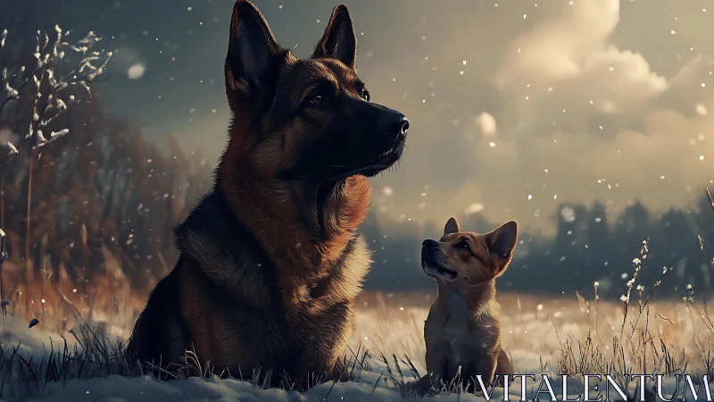 Two dogs sitting in snowy field during soft winter light.