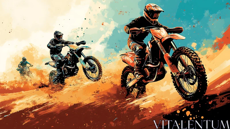Dust comet riders carving neon skies on roaring dirt bikes.