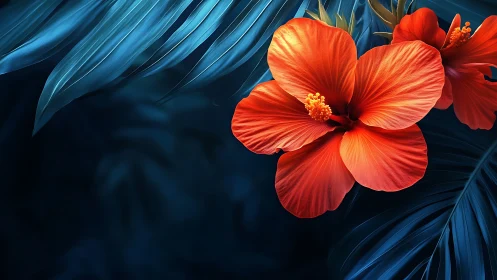 Red Hibiscus Flowers Against Dark Blue Foliage Background