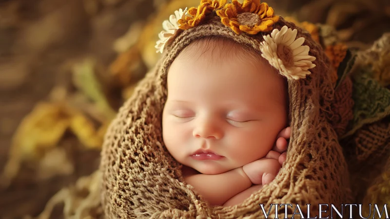 Neonatal Portrait with Autumnal Floral Crown and Knitted Textile Wrapping.