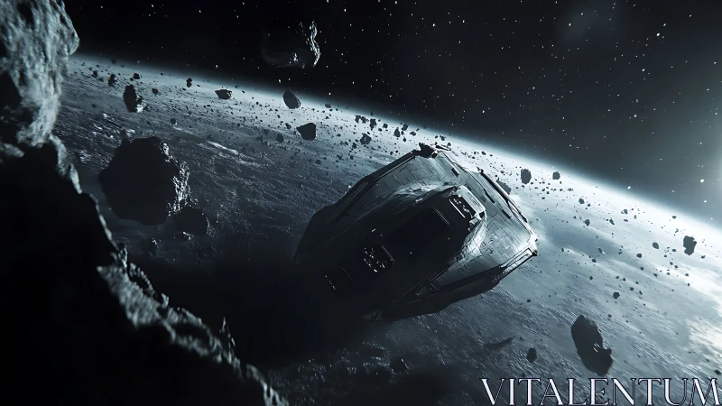 Spacecraft traversing dense asteroid field above planet.
