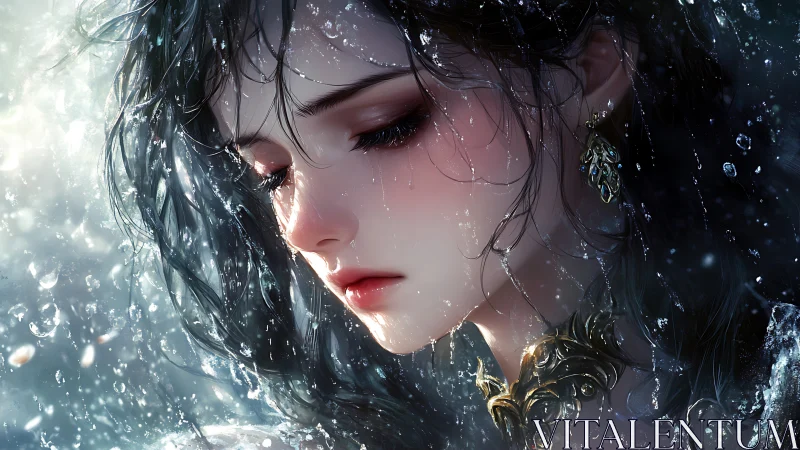 Digital portrait depicts wet-haired woman amid suspended water