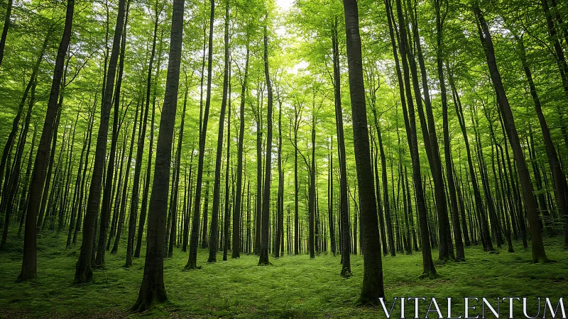 Lush green forest with tall, slender trees in natural daylight.