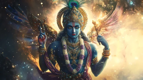 Celestial blue deity unfolding starlit wings of creation.