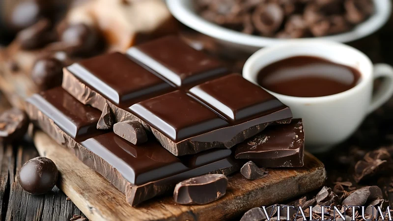 Cozy dark chocolate squares beside a steaming cocoa cup.