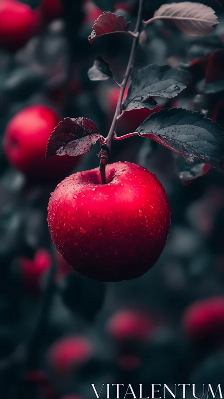 Glistening red orchard apple in soft twilight focus.