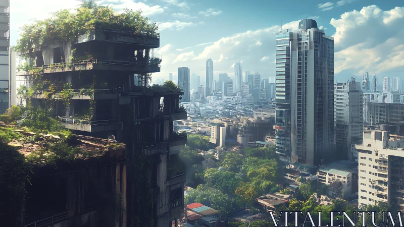 Overgrown ruin contrasts with sleek high-rise city skyline