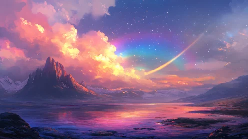 Spectral meteor arc over iridescent alpine lakescape at dusk.