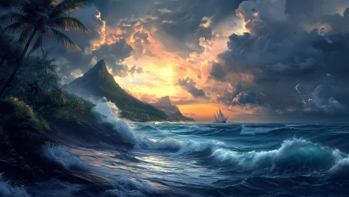 Sunlit tropical waves embracing a distant sailing journey.