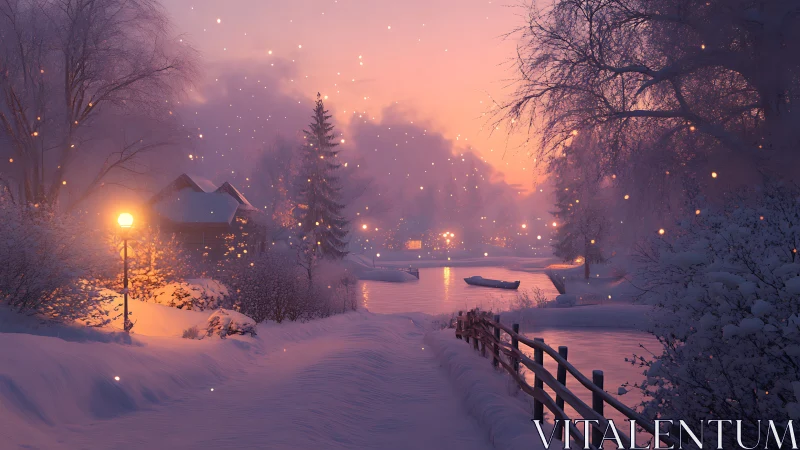 Twilight snowbound river corridor under warm lamplight glow.