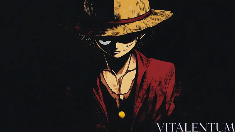 Straw hat figure in shadowed anime portrait with red accents