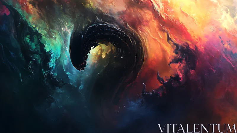 Cosmic serpent silhouette emerging through prismatic nebula.