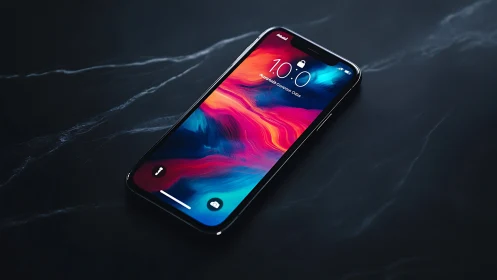 High-end smartphone with vibrant neon display against dark marble.