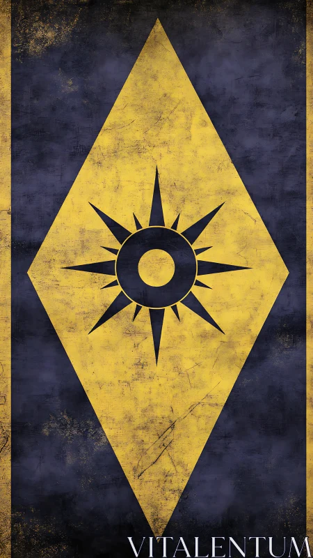 Heraldic solar emblem within distressed diamond field design.