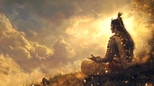 Divine figure sits on hillside under glowing golden sky
