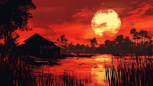Red swamp sunset with silhouetted hut and glowing moon.