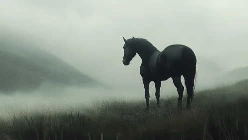 Solitary midnight stallion overlooking a mist-drenched valley.