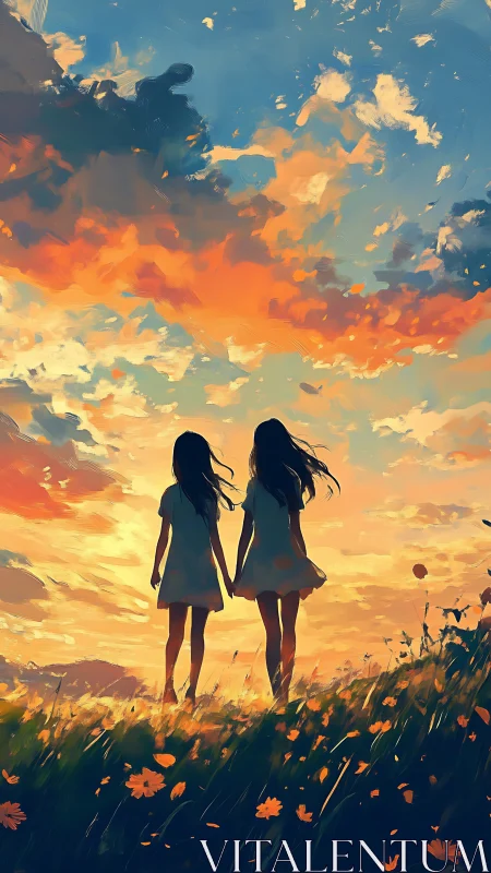 Two girls hold hands in glowing sunset meadow landscape