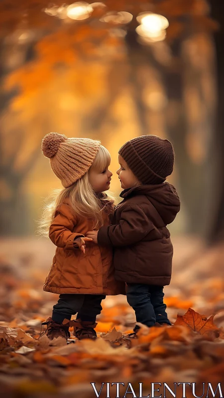 Two young children embrace outdoors during autumn with warm bokeh