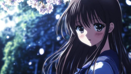 Anime schoolgirl under cherry blossoms in evening light.