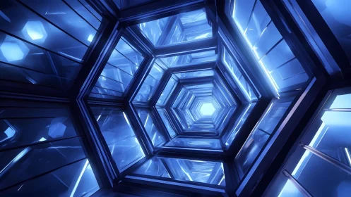 Futuristic hexagonal tunnel with glowing blue lights, sci-fi style.