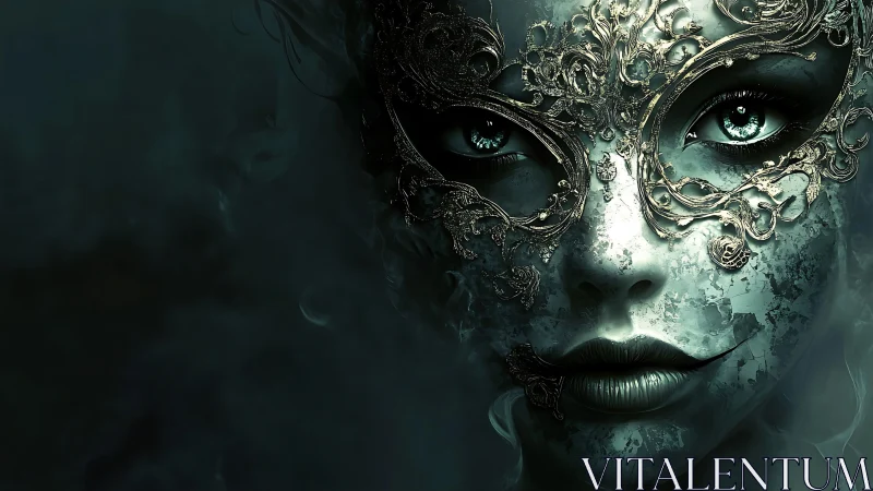 Moonlit masked muse emerging from swirling twilight shadows.