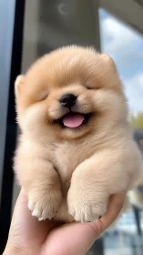 Small fluffy Pomeranian puppy held in a human hand.