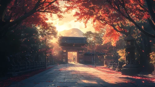 Sunlit temple gate beneath blazing autumn maple canopy.