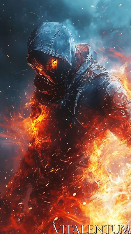Hooded humanoid figure engulfed in stylized orange flames.