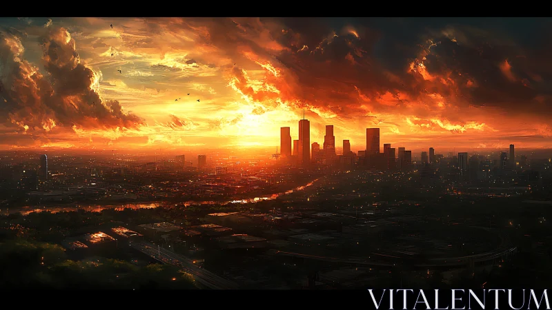 Burnished megacity skyline under incendiary sunset clouds.