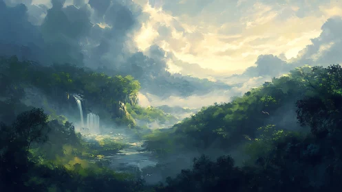 Misty valley landscape with waterfall and forest canopy.