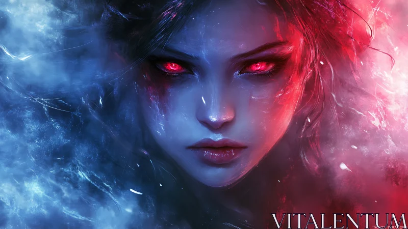 Fiery-eyed spectral woman emerges through swirling neon mist.