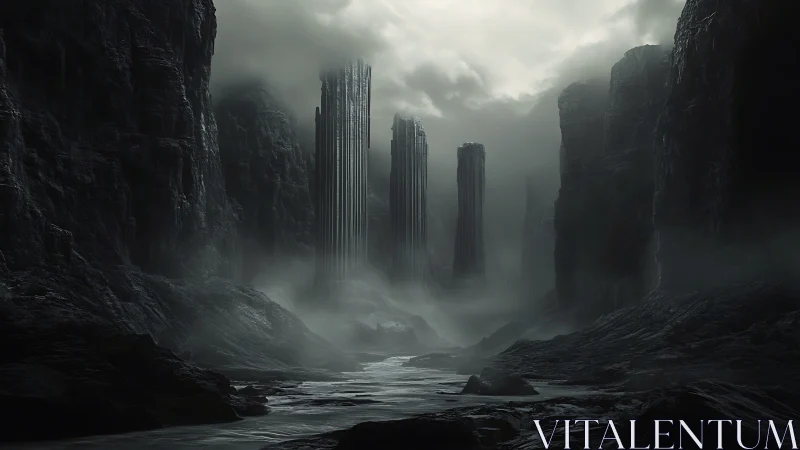 Obsidian monolith spires rise through haunted valley mists.
