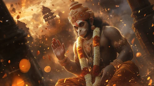 Serene monkey deity resting amid glowing temple embers.