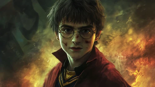 Young male in glasses amid firelit atmospheric backdrop.