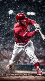 Baseball slugger swings hard under dramatic stadium lights