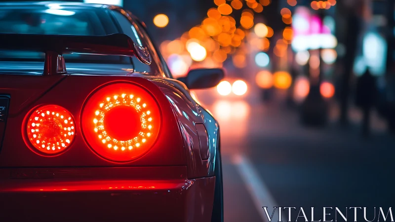 Sports coupe taillights glow against urban bokeh nightscape.