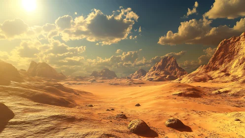 Solar-bleached desert basin under volumetric golden-hour sky