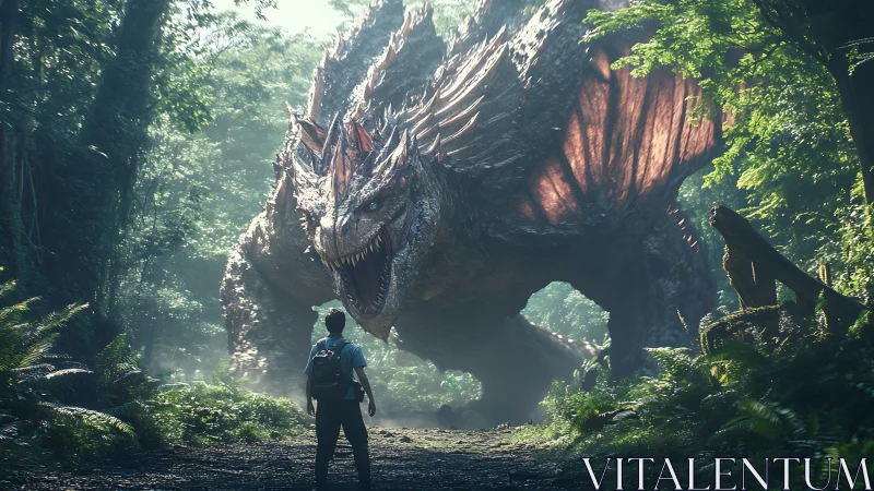 Human observer confronts large dragon creature in forest
