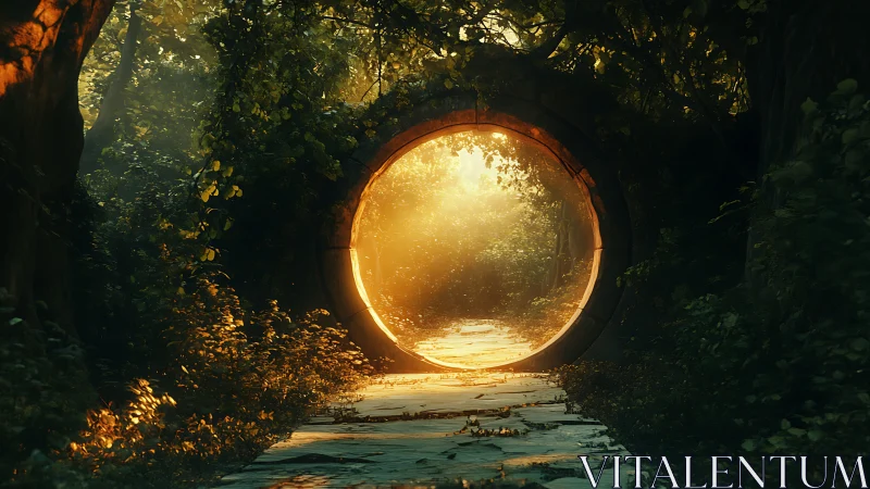 Sunlit circular stone portal set in dense green forest.
