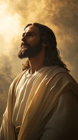 Bearded robed man gazes toward radiant golden light