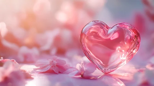 Translucent Pink Glass Heart Suspended in Floral Bokeh