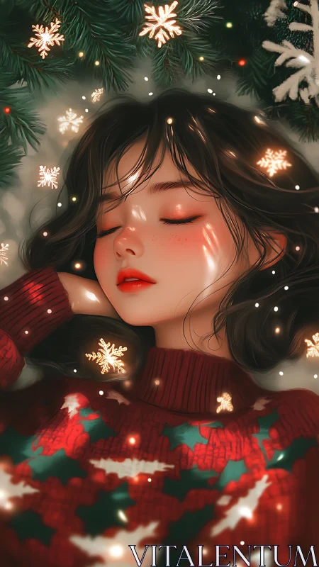 Festive portrait of sleeping girl under luminous snowflakes.