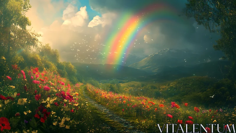 Enchanted Meadow Pathway with Lush Flowers and Vibrant Rainbow.