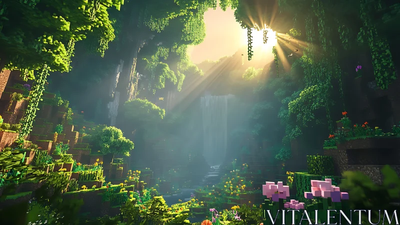 Voxel jungle sanctuary with radiant waterfall light beams.