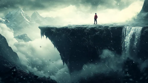 Solitary figure on sheer cliff plateau above storm valley