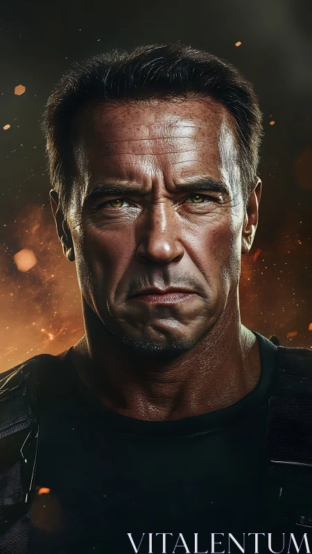 Battle-hardened warrior glares forward amid rising embers