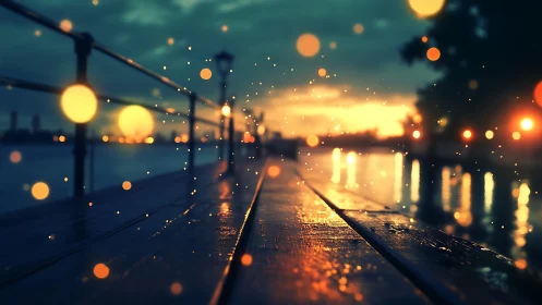 Sunset pier perspective renders luminous bokeh atmosphere