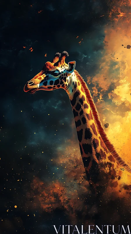 Giraffe head rising through fiery cosmic clouds at night.