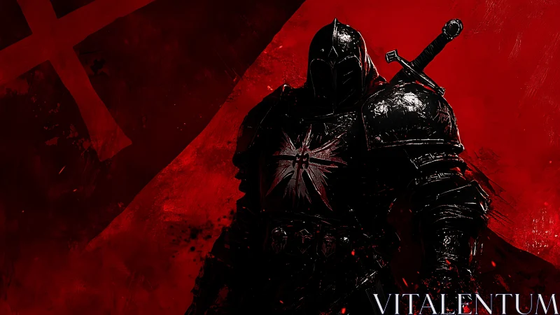 Black armored knight against blood red battlefield storm.